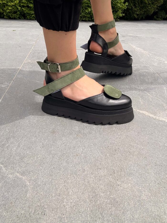 Pantofi damă piele naturală Seraphine negru cu kaki - imagine 2