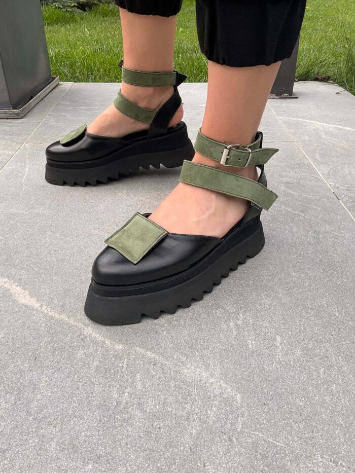 Pantofi damă piele naturală Seraphine negru cu kaki - imagine 3