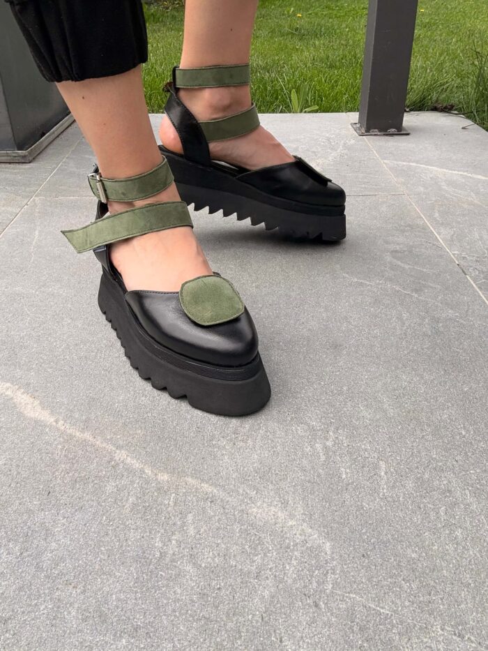Pantofi damă piele naturală Seraphine negru cu kaki - imagine 4