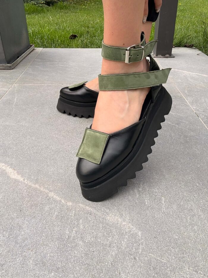 Pantofi damă piele naturală Seraphine negru cu kaki - imagine 6