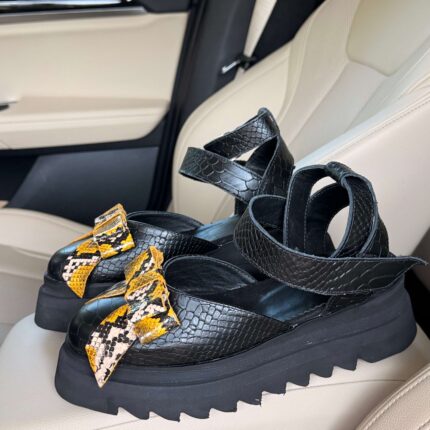 Pantofi damă piele naturală Valera croco negru cu sarpe