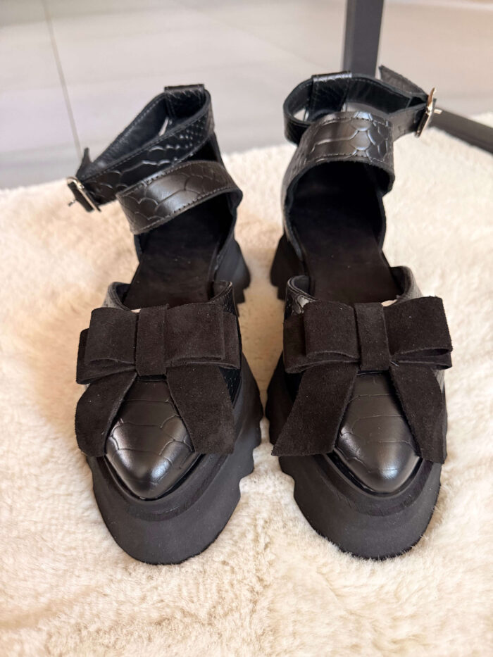 Pantofi damă piele naturală Valera croco funda velur - imagine 2